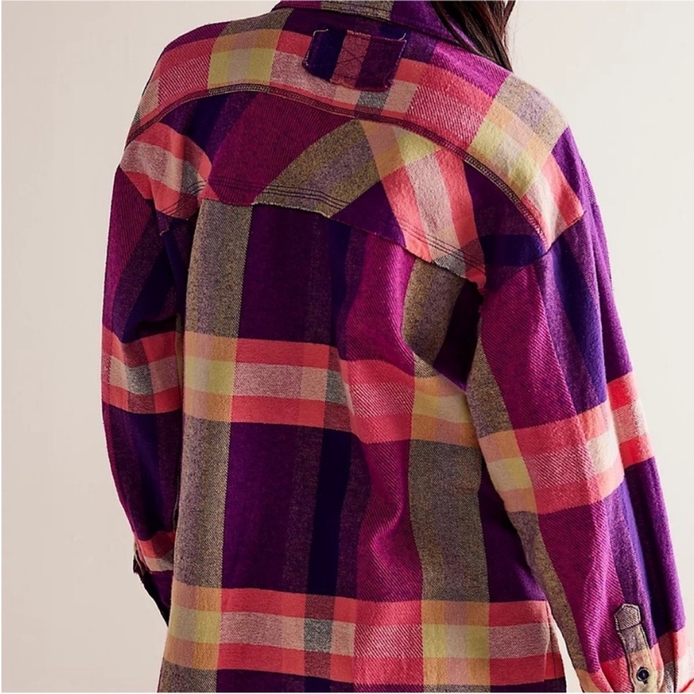 We the Free so long summer plaid flannel oversized button down pink/purple S - Picture 2 of 7